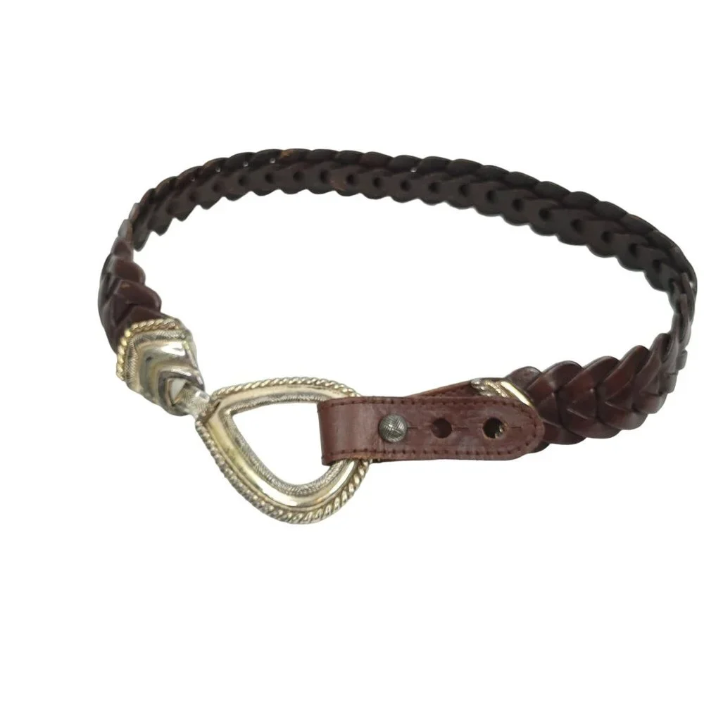 Braided Brown Leather Belt Vintage R.O.C. Womens Sz S Western Silver Tone Buckle